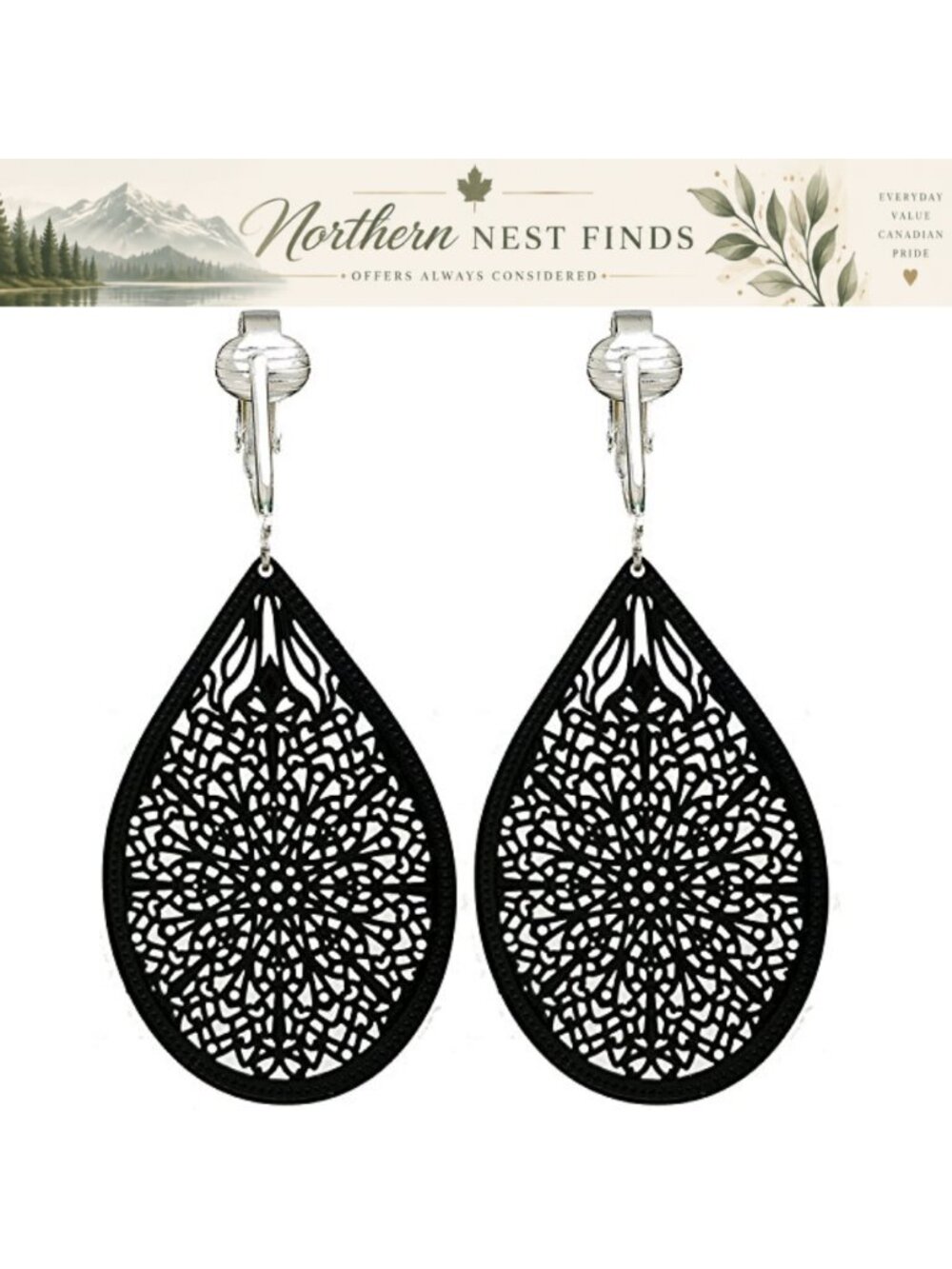 Victorian Filigree Clip On Earrings Lightweight Teardrop Leaf Dangle